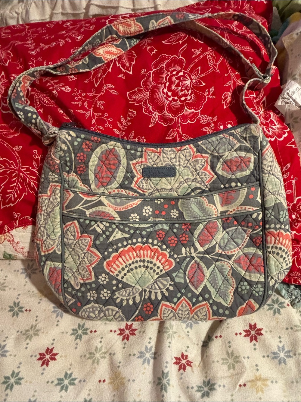 Quilted Floral Shoulder Bag in Gray and Coral